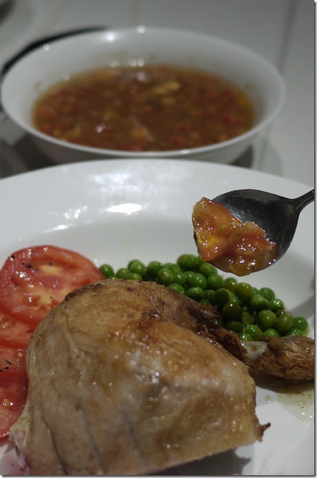 Roast chicken with peas and tomato salad