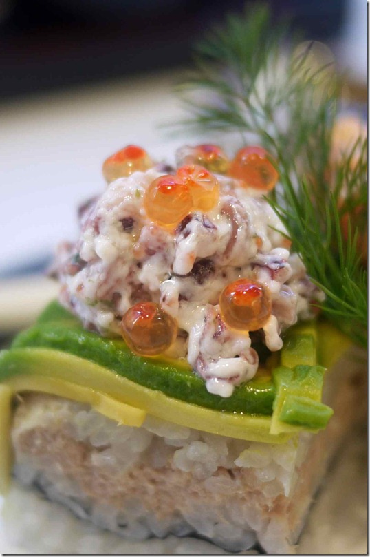 Avocado roll with diced octopus and salmon roe $5.80