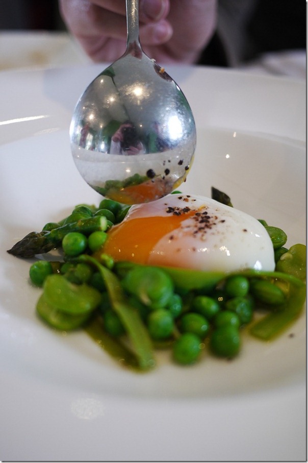Broad beans, peas, pea puree and slow-cooked hen's egg (61C)