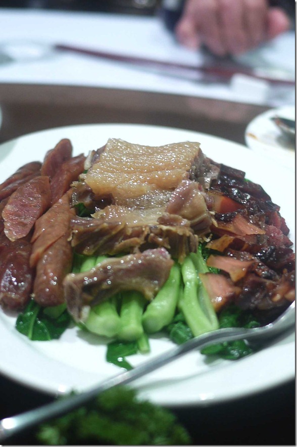 Chinese waxed duck with lupcheong, yuencheong and choi sum