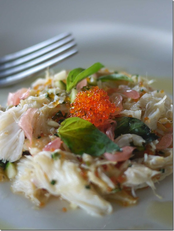 Spanner crab salad with pink grapefruit, flying fish roe and crisp duck skin