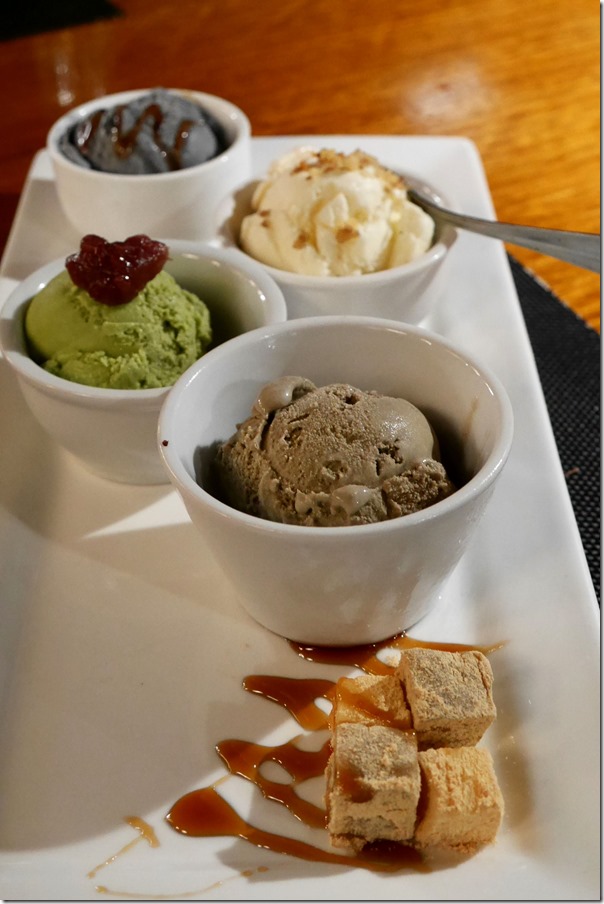 Japanese ice cream quartet (from top): black sesame, coconut, green tea, roasted green tea $6.50 each