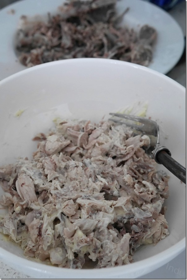 Chicken meat mixed with Kewpie mayo, salt and pepper